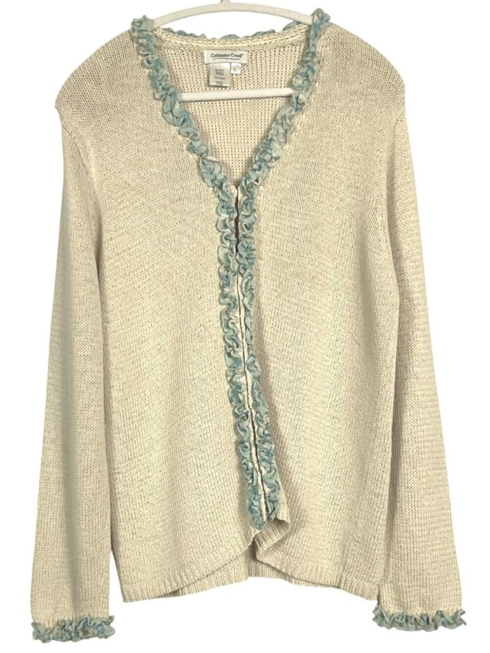 Coldwater Creek Hook & Eye Cardigan Sweater Large Cream Blue Ruffle Trim Texture